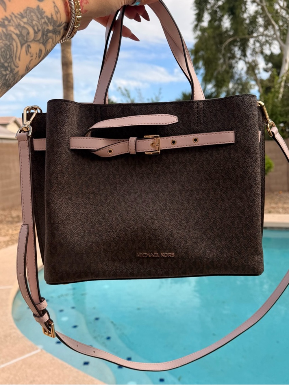 MICHAEL KORS Brown Logo Satchel with Pink Trim